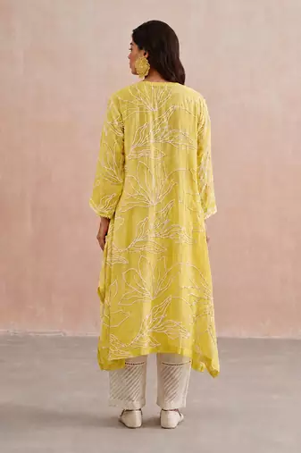 Lemon yellow embroidered mul chanderi co ord set