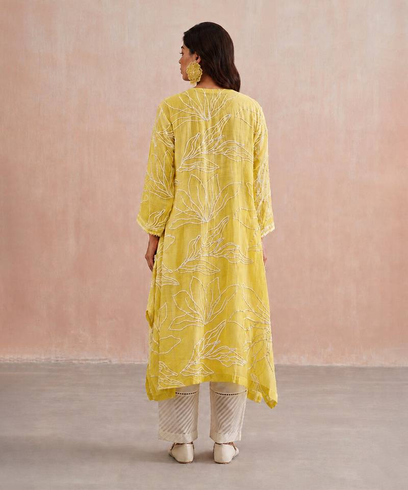 Lemon yellow embroidered mul chanderi co ord set