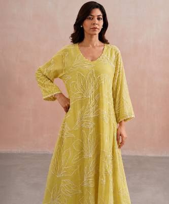 Lemon yellow embroidered mul chanderi co ord set 3