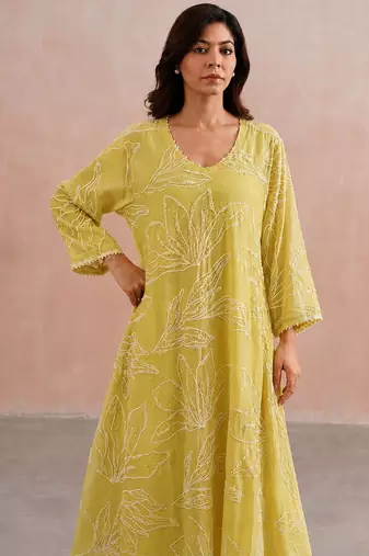 Lemon yellow embroidered mul chanderi co ord set