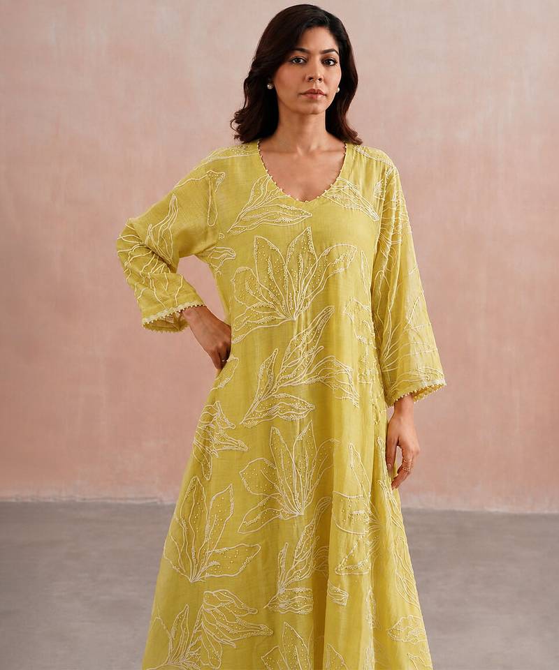 Lemon yellow embroidered mul chanderi co ord set