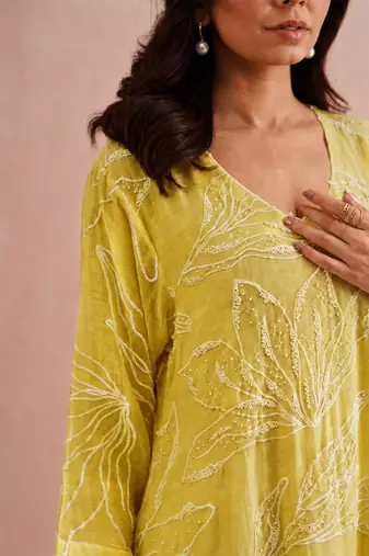 Lemon yellow embroidered mul chanderi co ord set