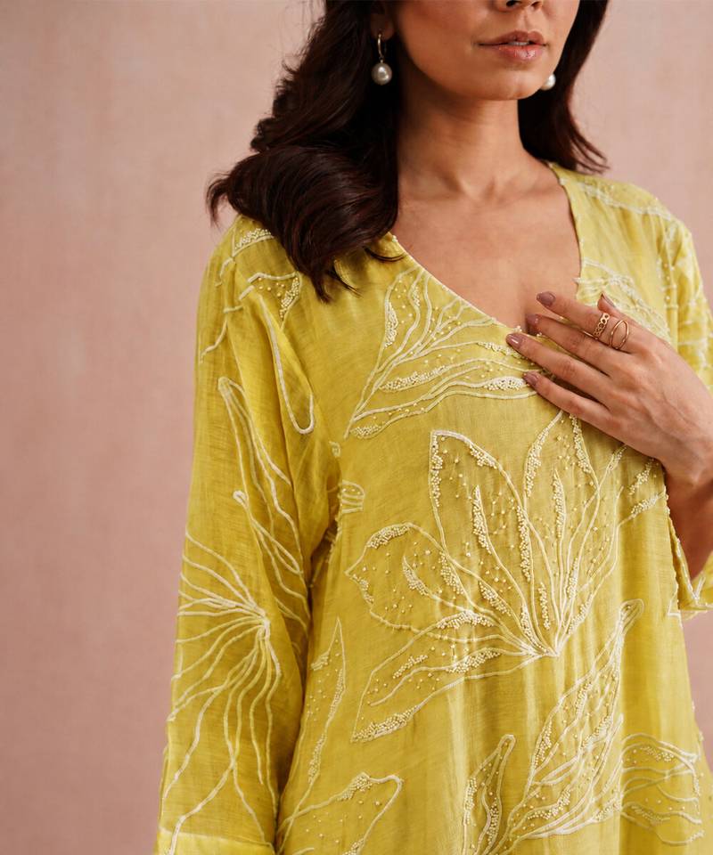 Lemon yellow embroidered mul chanderi co ord set