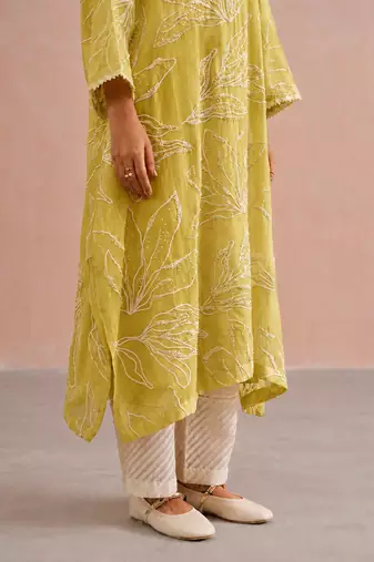Lemon yellow embroidered mul chanderi co ord set