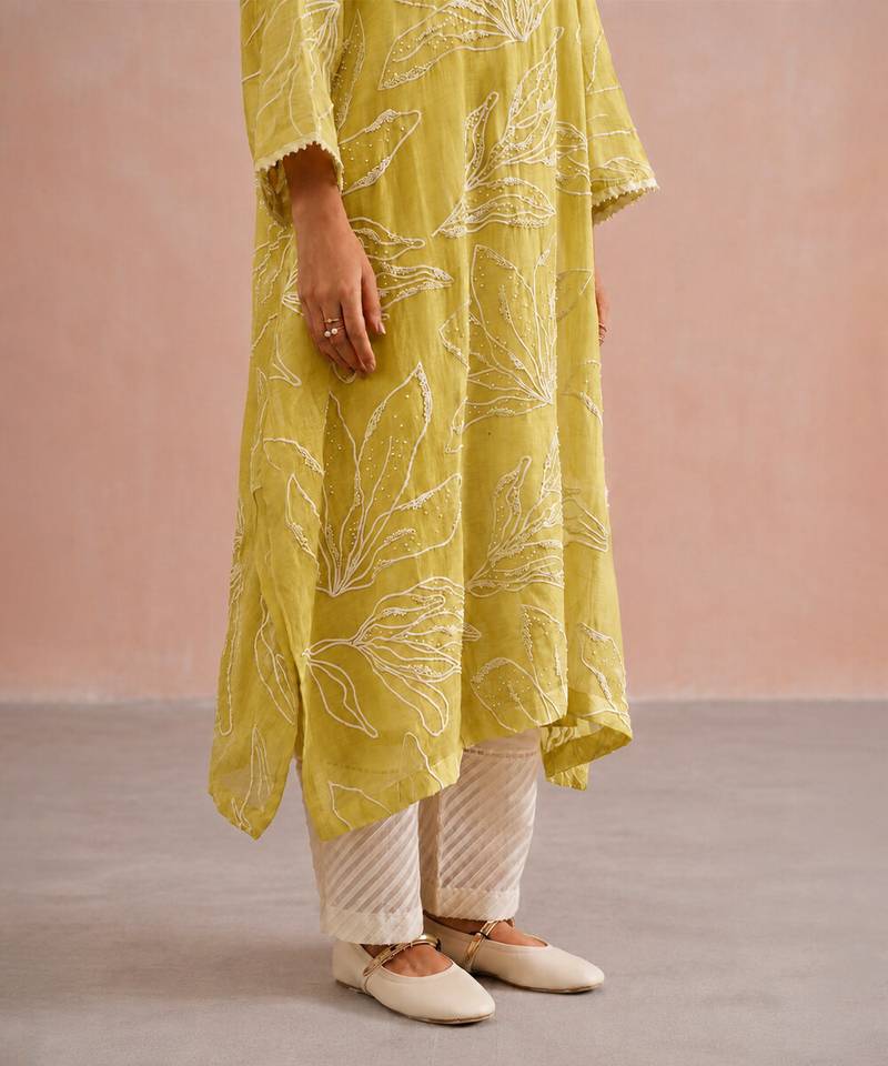 Lemon yellow embroidered mul chanderi co ord set