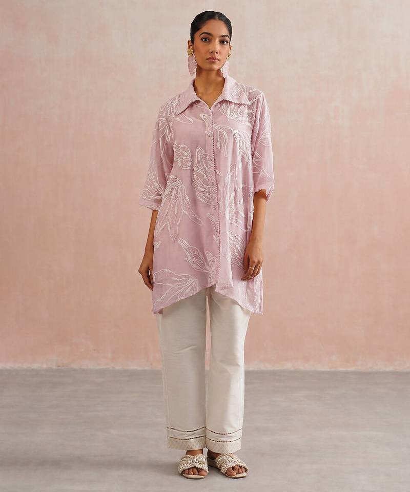 Powder Pink Embroidered Mul Chanderi Co Ord Set