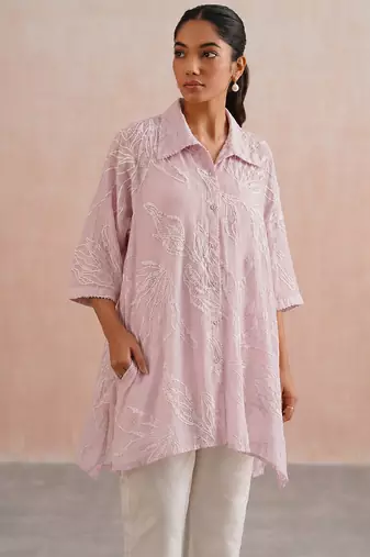 Powder Pink Embroidered Mul Chanderi Co Ord Set
