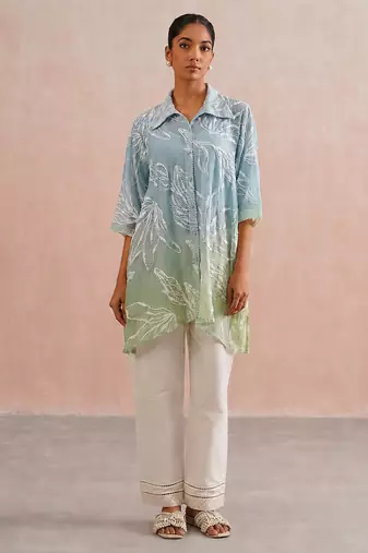 Blue green ombre mul chanderi co ord set