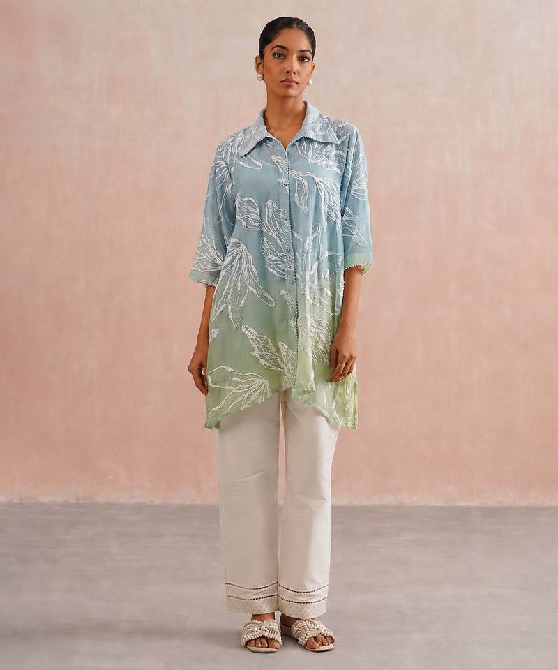 Blue green ombre mul chanderi co ord set
