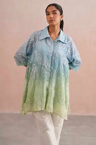 Blue green ombre mul chanderi co ord set