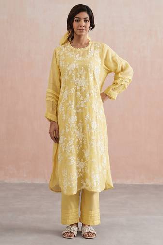 Yellow embroidered mul chanderi kurta set
