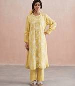 Yellow embroidered mul chanderi kurta set