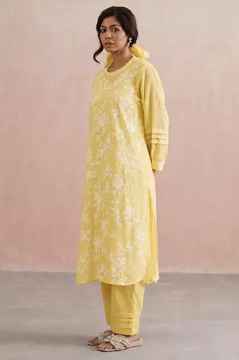 Yellow embroidered mul chanderi kurta set