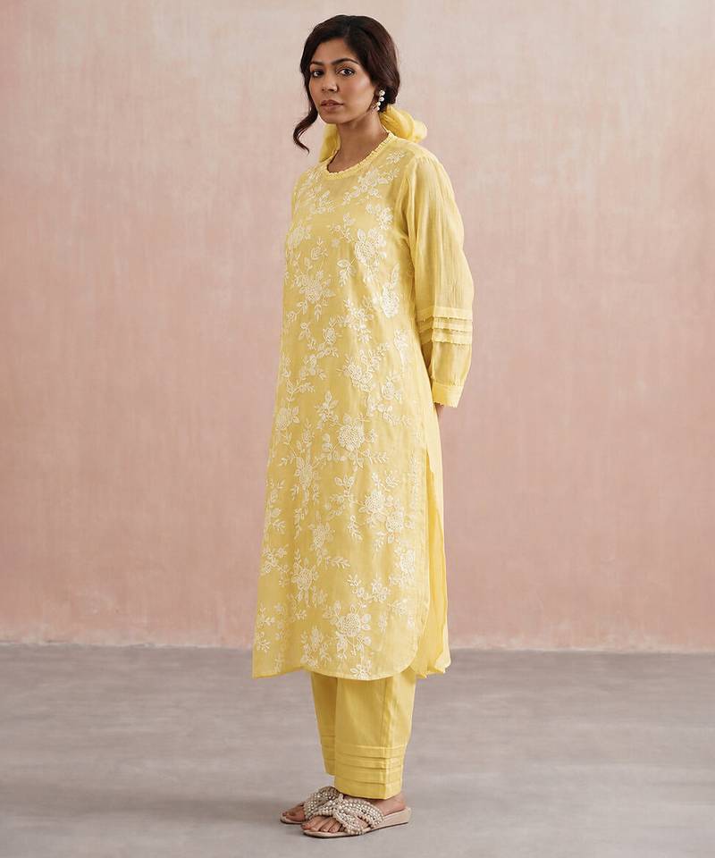 Yellow embroidered mul chanderi kurta set