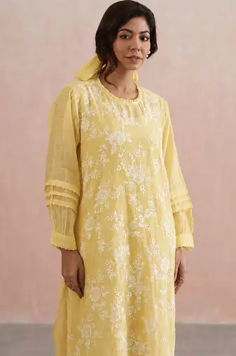 Yellow embroidered mul chanderi kurta set