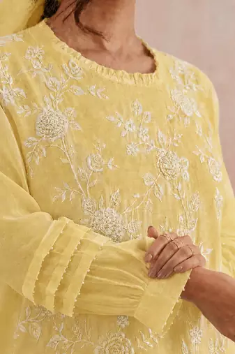 Yellow embroidered mul chanderi kurta set