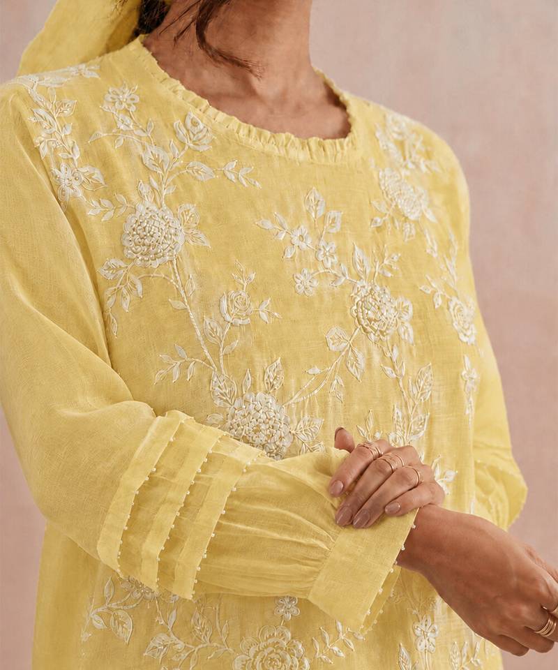 Yellow embroidered mul chanderi kurta set