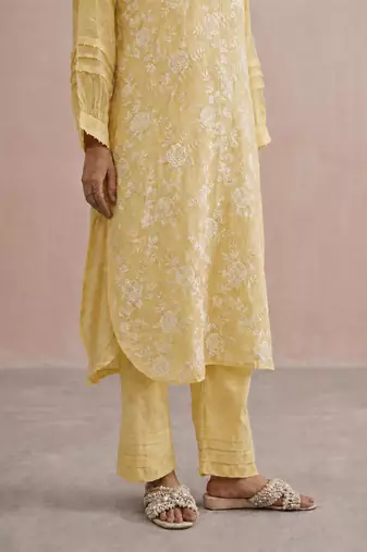 Yellow embroidered mul chanderi kurta set