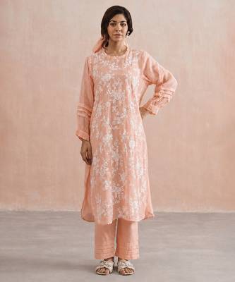 Pastel peach embroidered mul chanderi kurta set 1