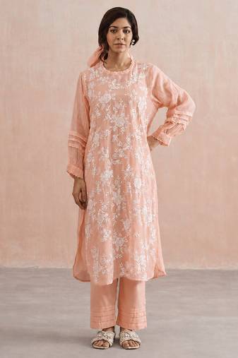 Pastel peach embroidered mul chanderi kurta set