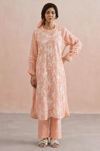 Pastel peach embroidered mul chanderi kurta set
