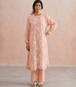 Pastel peach embroidered mul chanderi kurta set