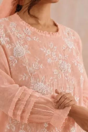 Pastel peach embroidered mul chanderi kurta set
