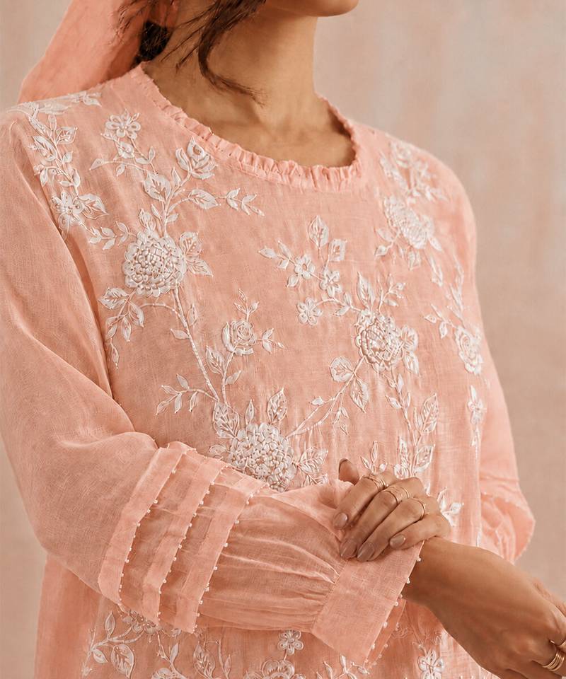 Pastel peach embroidered mul chanderi kurta set