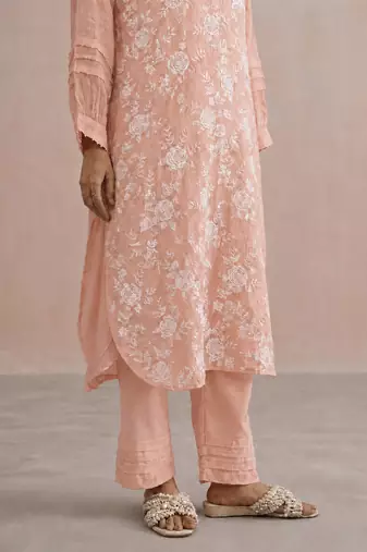 Pastel peach embroidered mul chanderi kurta set