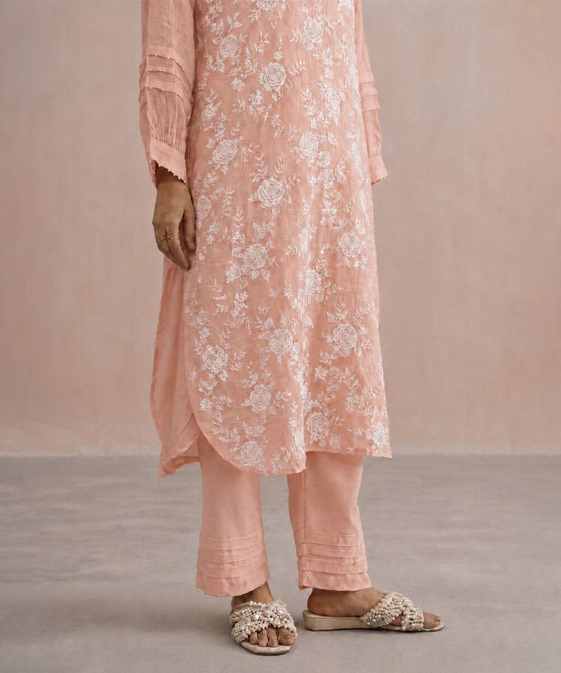 Pastel peach embroidered mul chanderi kurta set