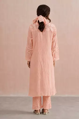 Pastel peach embroidered mul chanderi kurta set