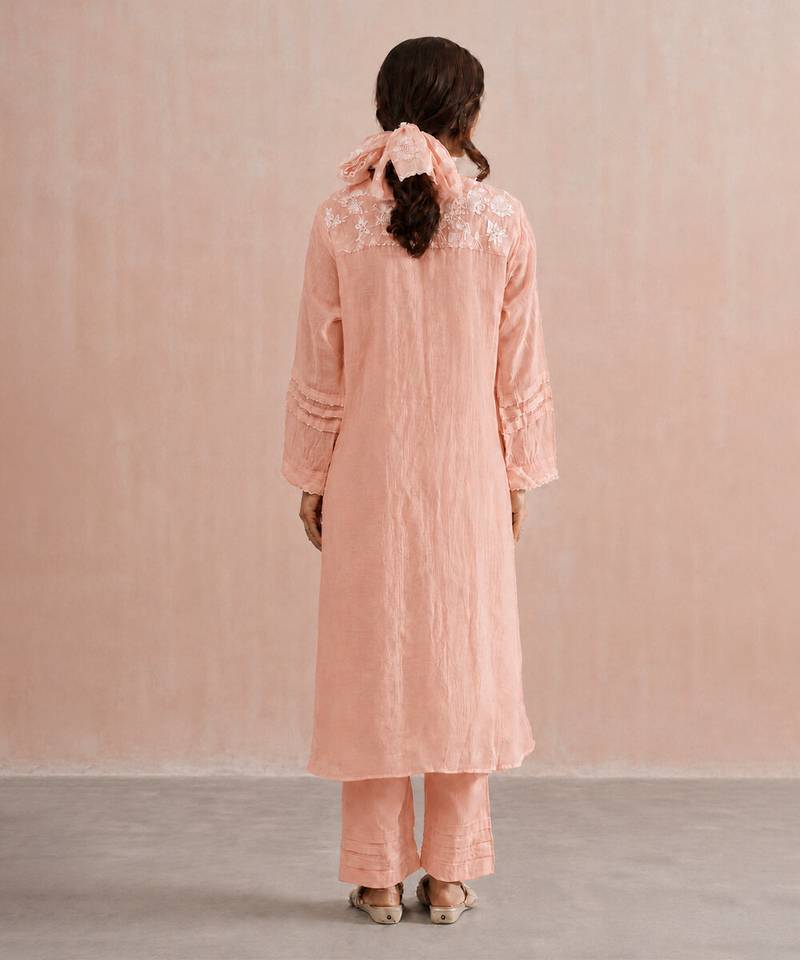 Pastel peach embroidered mul chanderi kurta set
