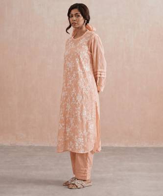 Pastel peach embroidered mul chanderi kurta set 5