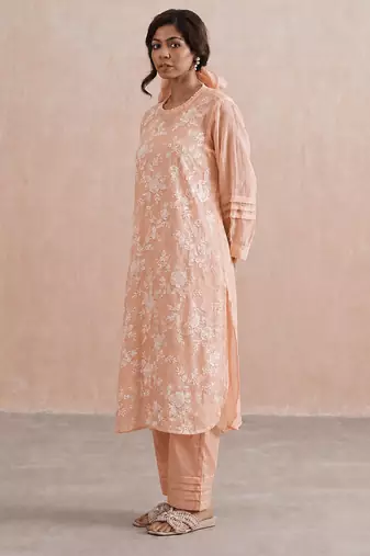 Pastel peach embroidered mul chanderi kurta set