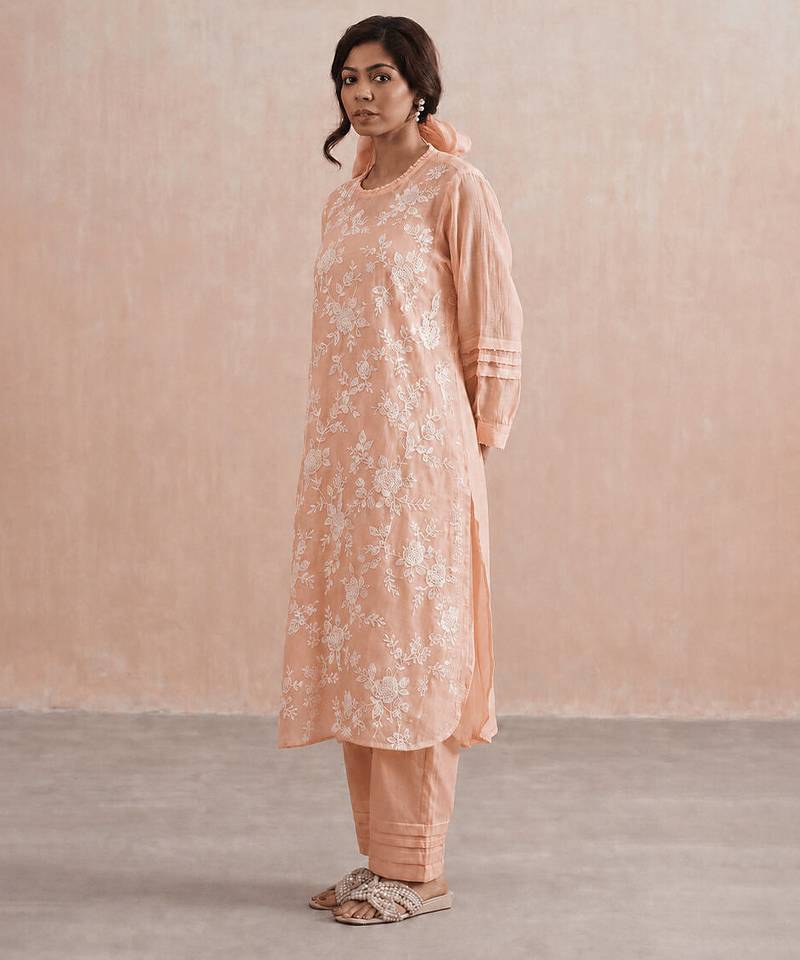 Pastel peach embroidered mul chanderi kurta set