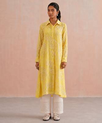 Yellow embroidered mul chanderi kurta set 1