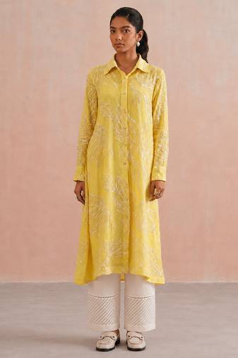 Yellow embroidered mul chanderi kurta set