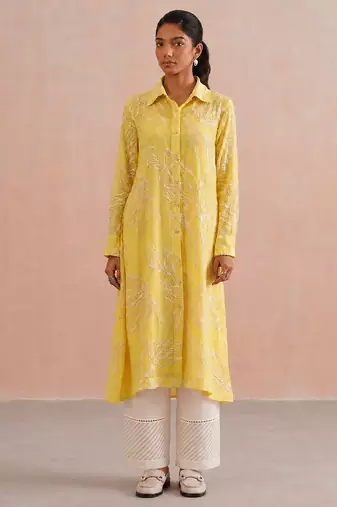 Yellow embroidered mul chanderi kurta set