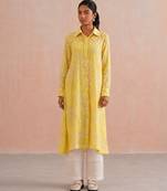 Yellow embroidered mul chanderi kurta set