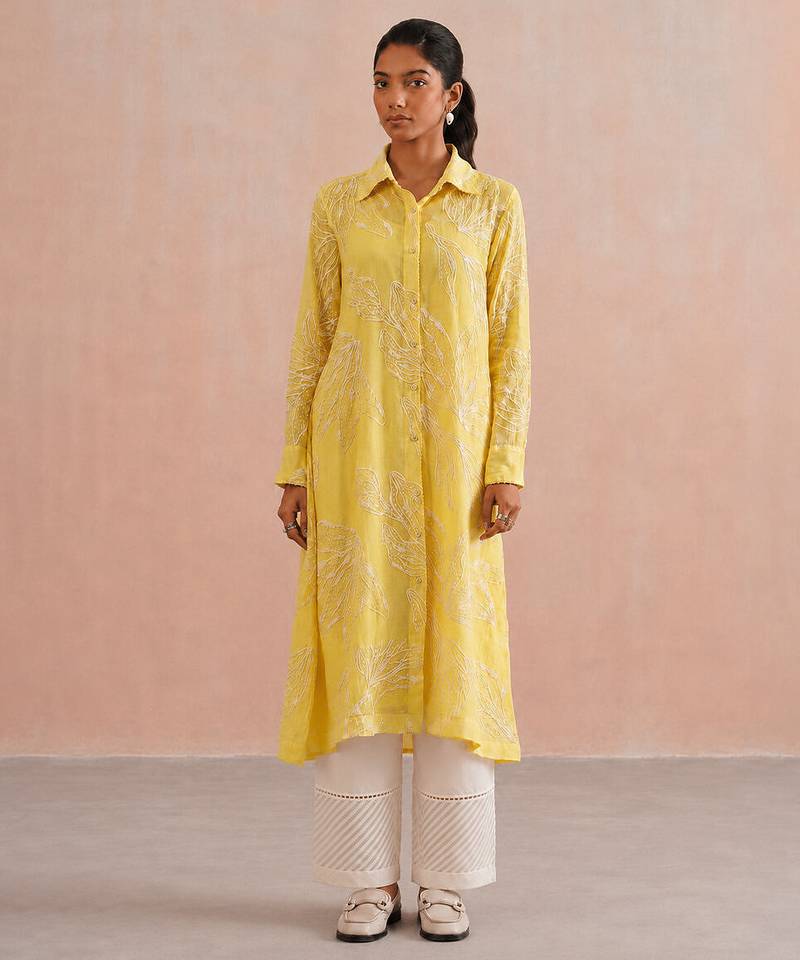Yellow embroidered mul chanderi kurta set