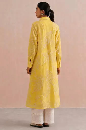 Yellow embroidered mul chanderi kurta set