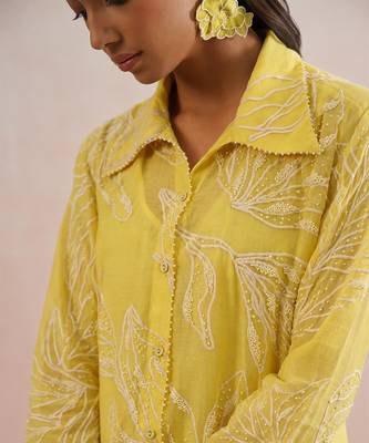 Yellow embroidered mul chanderi kurta set 3