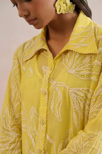 Yellow embroidered mul chanderi kurta set