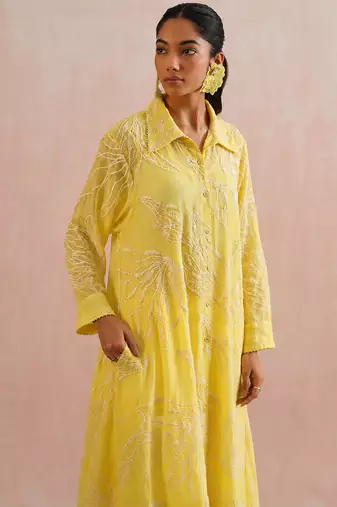 Yellow embroidered mul chanderi kurta set