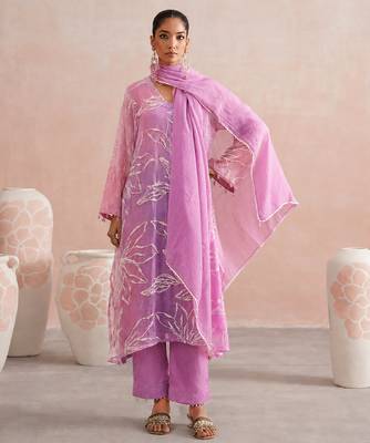 Lavender ombre embroidered mul chanderi kurta set 1
