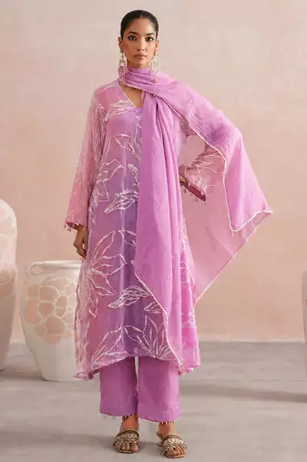 Lavender ombre embroidered mul chanderi kurta set