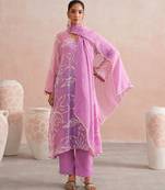 Lavender ombre embroidered mul chanderi kurta set
