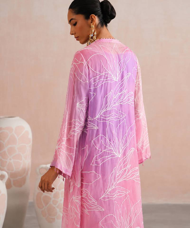 Lavender ombre embroidered mul chanderi kurta set