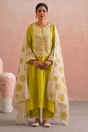 Lime green embroidered mul chanderi kurta set
