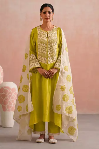 Lime green embroidered mul chanderi kurta set